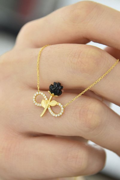 Sinsirella 925 Ayar Gümüş Gold Kaplama Sonsuzluk Kara Gül Kolye