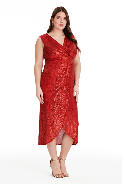 EVEN plus size Kırmızı Kolsuz Önü Kruvaze Zara Payet Büyük Beden Abiye Elbise