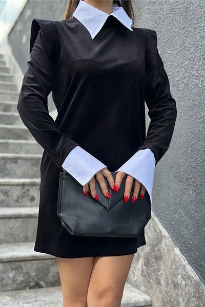 FEMELLE Rochie de catifea cu guler cămașă neagră pentru femei (guler și manșete detașabile)