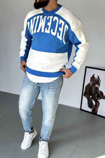 LUVEST ERKEK OVERSİZE ŞARDONLU BASKILI MAVİ SWEATSHİRT