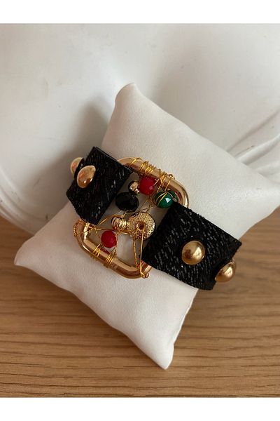 AGG TASARIM Black Gold Detailed Colored Jewelled Leather Bracelet