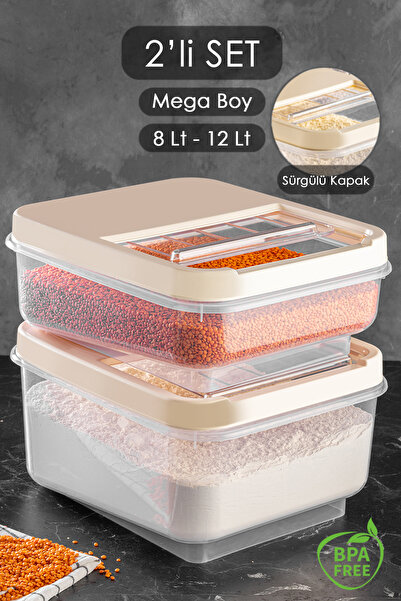Meleni Home 2'li Set - Kayar Kapaklı Bakliyat Saklama Kabı 8 Lt - 12 Lt Mutfa...