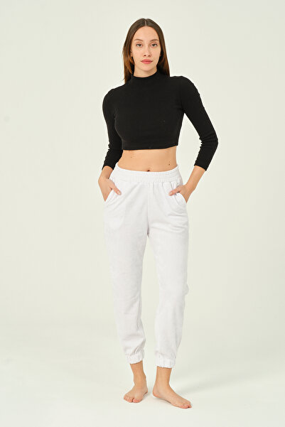 İntensive Women's white Elastic Waist and Leg High Waist Basic Jogger 100% cotton Sweatpants