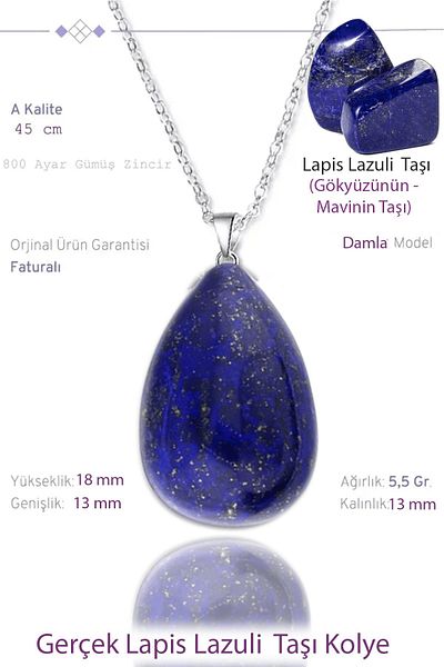 Tesbih Atölyesi Certified Drop Model Real Lapis Lazuli Stone Necklace