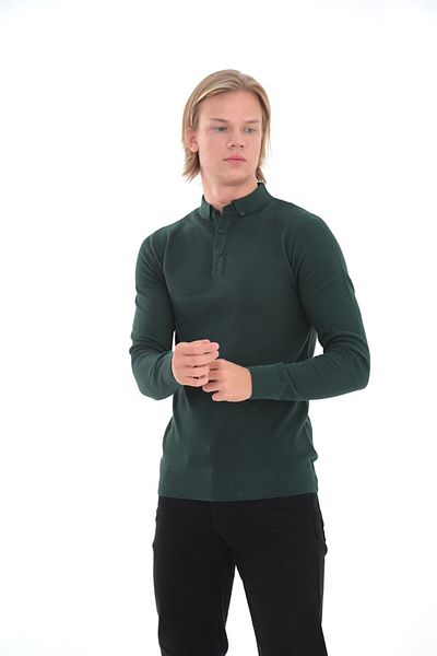ELM WEAR سترة تريكو بأزرار وياقة بولو - أخضر