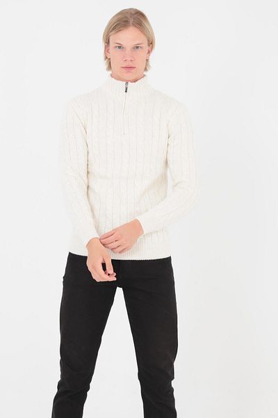 ELM WEAR Stand Collar Half Zipper Hair Knitted Sweater - Bone