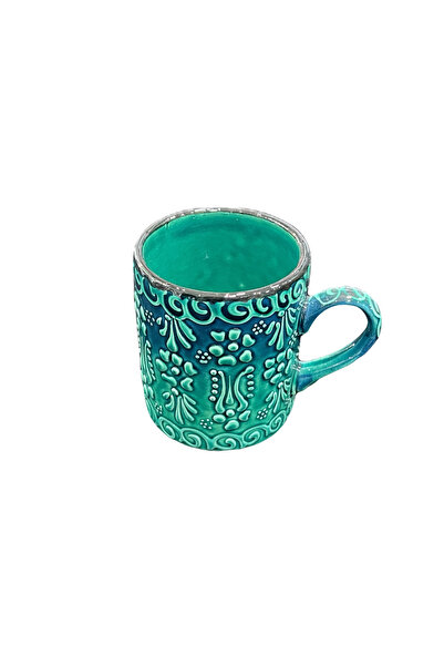 turzuccaciye ENSAR LALE MOTİFLİ YEŞİL ÇİNİ İŞLEME SERAMİK KUPA BARDAK