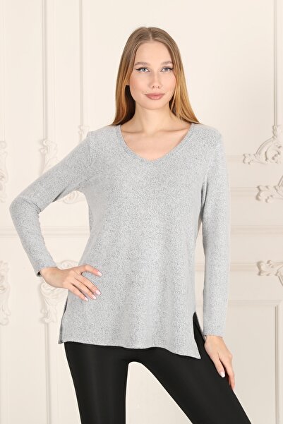 Seamoda V-Neck Slit Soft Large Size Women's Sweater-grey