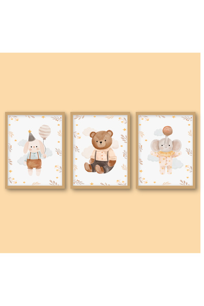 BİANNE ATÖLYESİ 3'LÜ Ayı Tavşan ve Fil Temalı Bebek ve Çocuk Odası Pano ve Tablo Seti