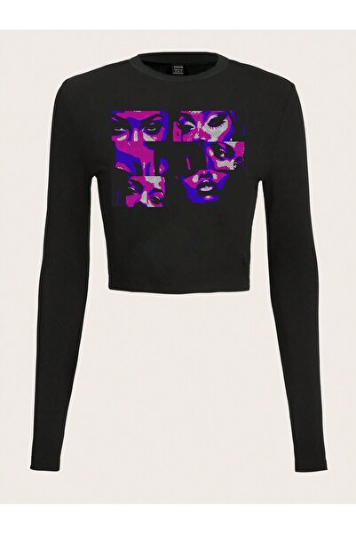 Jose Clothing المرأة السوداء المطبوعة طاقم الرقبة Y2K نمط الجسم المناسب القطن...