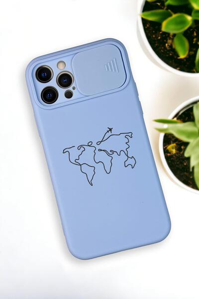 mooodcase iPhone 12 Pro Max Uyumlu Dünya Harita Desenli Kamera Koruma Slider Kapaklı Silikonlu Telefon Kılıfı