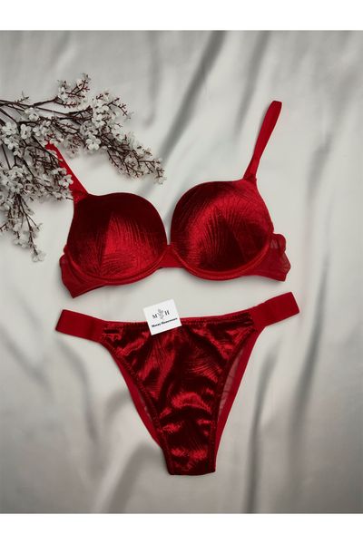 Cansoy Women's Claret Red Leather Lightly Supported Bralette Bra Panty Set  - Trendyol