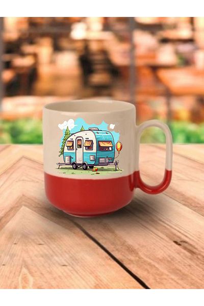 lili hediyelik Red Based Mug with Caravan Image - Ceramic Tea, Coffee Gift Cup