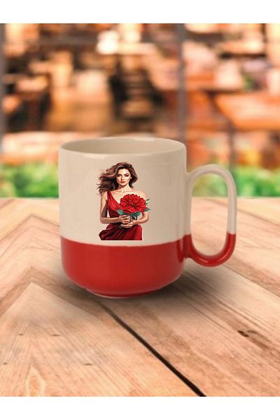 lili hediyelik Women's Visual Red Based Mug with Flowers in Hands - Ceramic Tea and Coffee Gift Cup