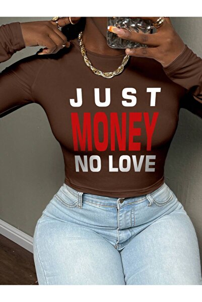 Jose Clothing Γυναικεία καφέ μπλούζα με τύπωμα με λαιμόκοψη Y2K σε στυλ Y2K, ...