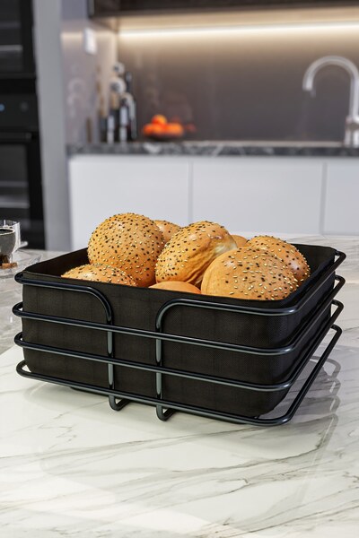 Bino Bread Basket Multi-Purpose Metal Box Black Matte Finish Luxury Stainless Basket Black Fabric