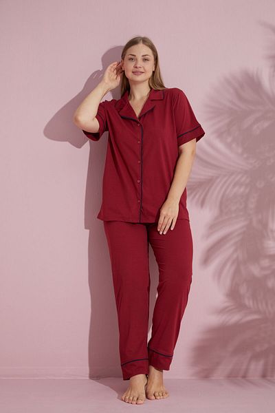 PİJAMOOD Plus Size Women's Burgundy Short Sleeve Cotton Front Buttoned Piping Pajamas Set