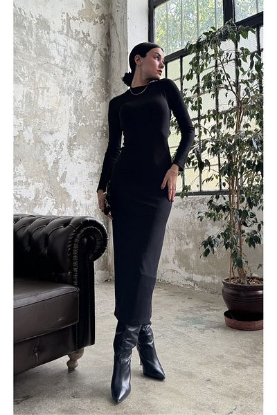 minaaise Μαύρο εξώπλατο φόρεμα με λαιμόκοψη/μονό εφαρμοστό μακρύ φόρεμα 26288