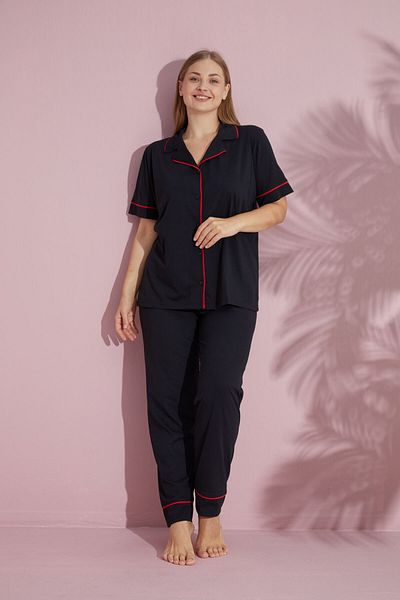 PİJAMOOD Plus Size Women's Black Short Sleeve Cotton Front Buttoned Piping Pajamas Set