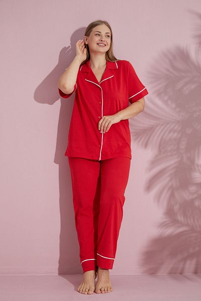 PİJAMOOD Plus Size Women's Red Short Sleeve Cotton Front Buttoned Piping Pajamas Set