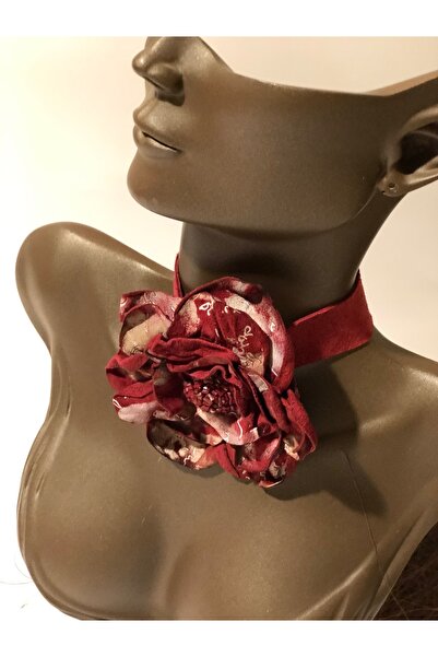 AGG TASARIM KırmızıDesenli Büyük Gül Chocker Deri Kolye