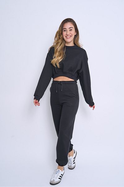 pour la riviere Crew Neck Raised Tight Fit Crop Women's Tracksuit Set