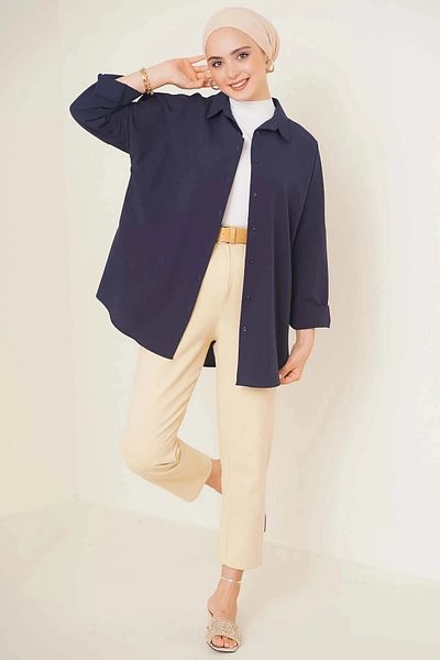 hazelin Γυναικείο Hijab Navy Blue Φαρδύ Μακρύ Βασικό Πουκάμισο HZL24W-BD 139001