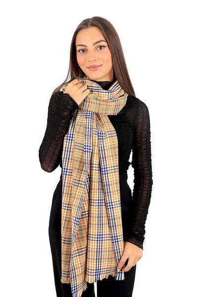 Bursa İpek Orange Navy Blue Plaid Pattern Winter Shawl
