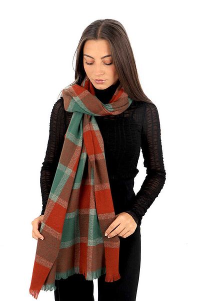 Bursa İpek Cinnamon Green Plaid Pattern Winter Shawl