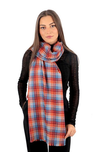 Bursa İpek Blue Burgundy Plaid Pattern Winter Shawl