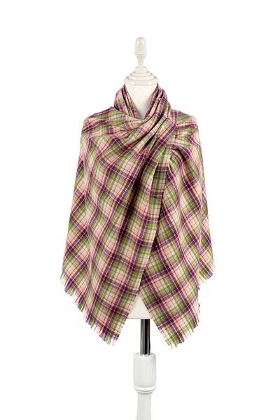 Bursa İpek Purple Green Plaid Pattern Winter Shawl