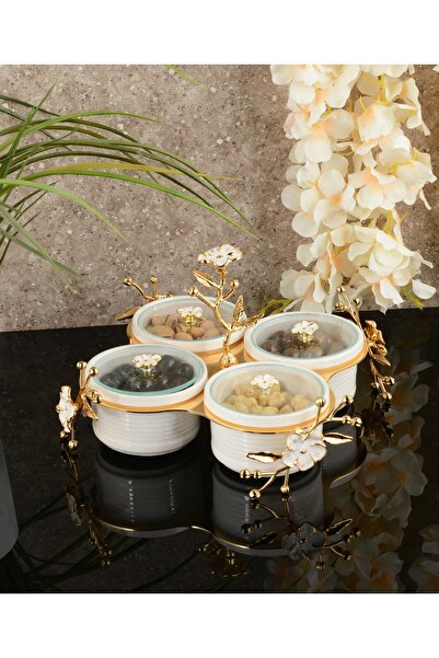 HELVACIOĞLU AKSESUAR Çiçekli Lazer Seramik 4 Bölmeli Çerezlik, Kahvaltı Sunum...