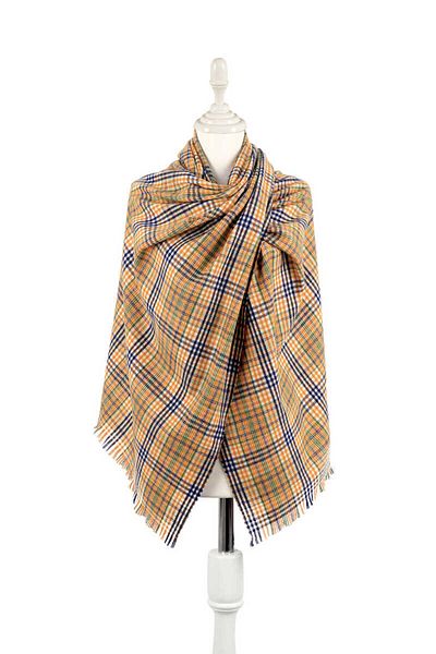 Bursa İpek Orange Navy Blue Plaid Pattern Winter Shawl
