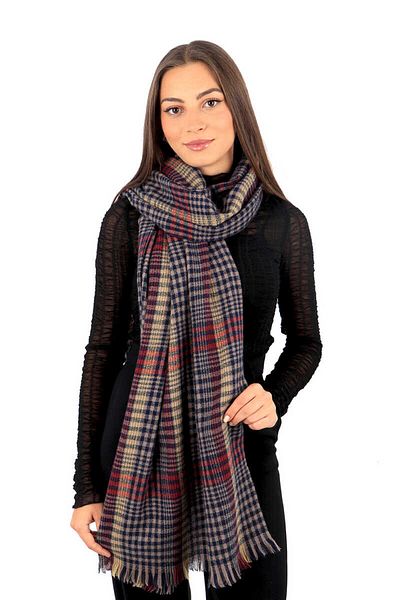 Bursa İpek Brown Red Plaid Pattern Winter Shawl