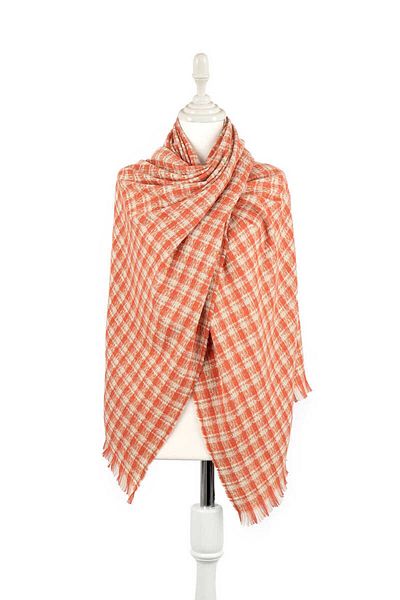 Bursa İpek Orange Cream Plaid Pattern Winter Shawl