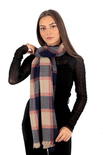 Bursa İpek Beige Navy Blue Plaid Pattern Winter Shawl