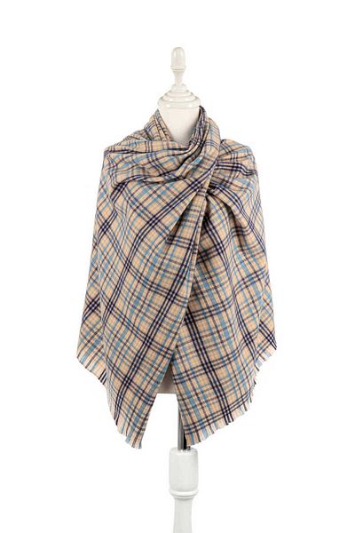 Bursa İpek Cream Blue Plaid Pattern Winter Shawl