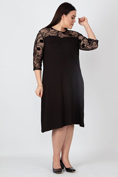 Şans Női nagy méretű fekete csipke részletezett ruha 65n16218