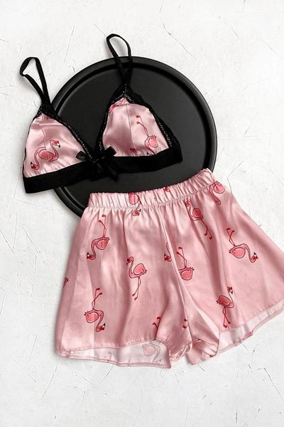 MEBA Women's Rope Strap Lace Bustier Shorts Pink Flamingo Satin Nightgown Set