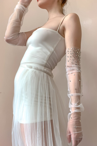 Limelia Taşlı Şık Gelin Eldiveni Özel Günler İçin Şeffaf Tül Lediven Beyaz Kostüm Eldiveni