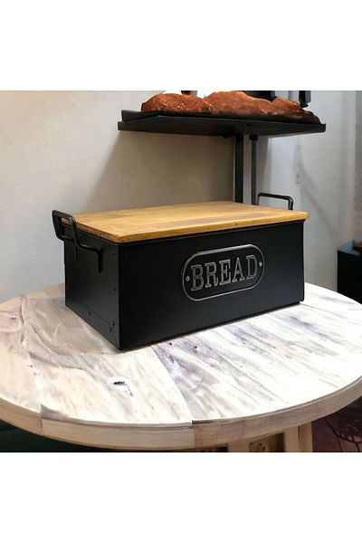 Gerçektrend Galvanized Rectangular Cornered Bread Box with Wooden Lid, Bread Box with Metal Handle