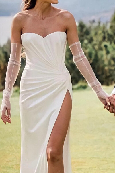 Limelia Sade Özel Tasarım Şeffaf Tül Gelin Eldiveni Nikah İçin Dğün Eldiveni Beyaz