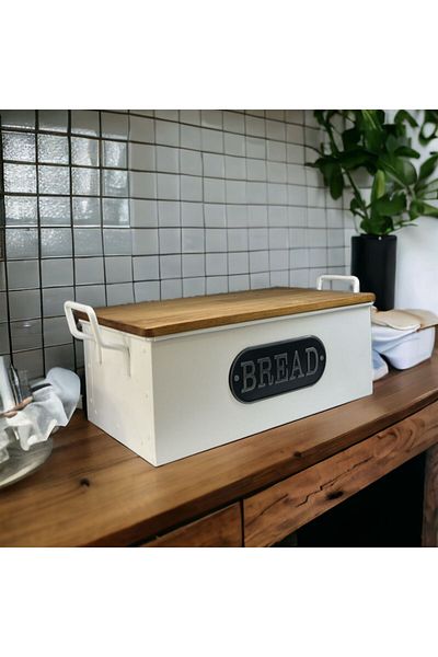 Gerçektrend Galvanized Rectangular Cornered Bread Box with Wooden Lid, Bread Box with Metal Handle