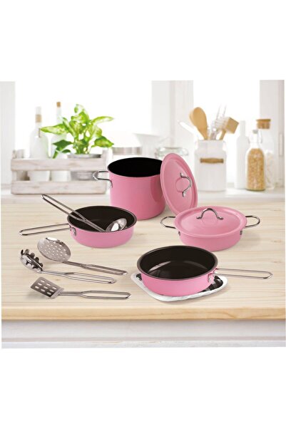 BAMTEBİ طقم أواني طهي معدنية 11 قطعة وعاء معدني مقاوم للحريق باللون الوردي