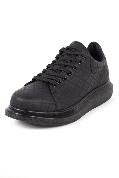 Mida Shoes High Sole Quilted Black Leather Men's Sports Shoes