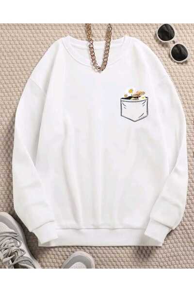 mercoledi Hanorac oversize, cu buzunare florale, cu decolteu triplu, largi