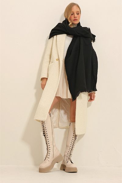 Trend Alaçatı Stili Dámský černý šál s vlastním vzorem ALC-X11348