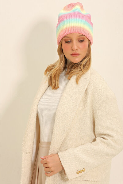 Trend Alaçatı Stili Women's Pink Striped Batik Patterned Hat ALC-X11344