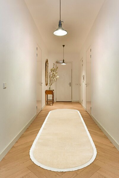 Valery Home Vl Oval Comfort Düz Saçaklı Peluş Yolluk Bej