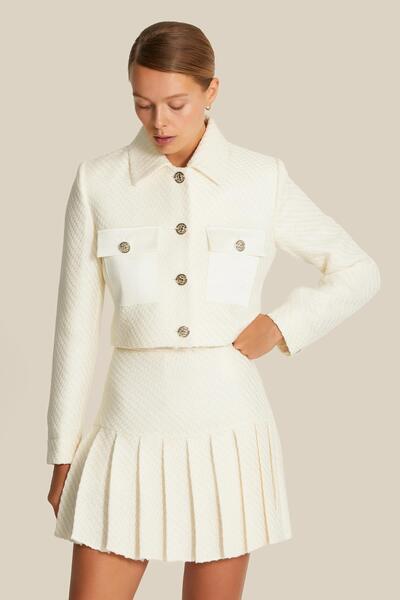rue Saten Cep Detaylı Ekru Crop Tüvit Ceket